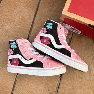 Vans Pink Sk8-Hi Toddler 7 Glitter Black Flower High-Tops with Side Zipper